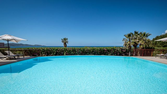 Eine ruhige Aussicht vom Pool mit klarem Wasser, Palmen und Blumen, die auf einen hellblauen Ozean unter einem klaren Himmel blickt.